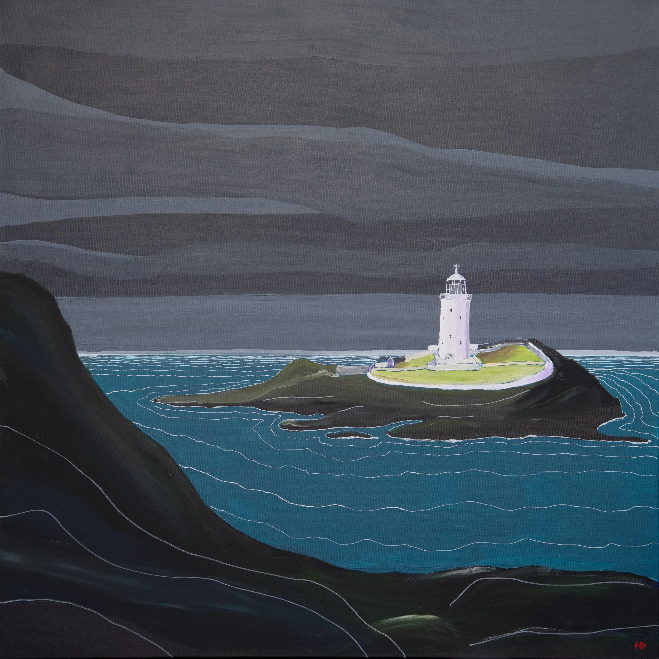 Painting of Godrevy lighthouse Cornwall with a stormy sky