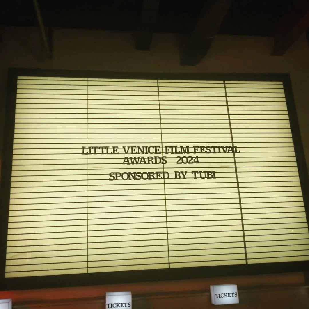 Backlit sign board displaying 'Little Venice Film Festival Awards 2024 Sponsored by Tubi'