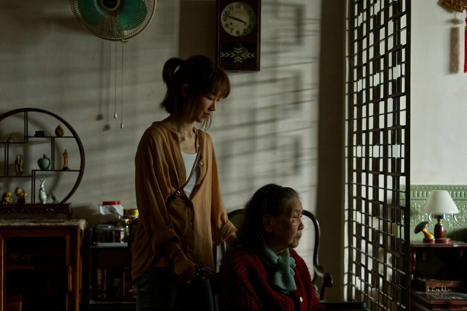 A young woman standing beside an elderly woman sitting in a wheelchair in a dimly lit room, with a grid-style window casting shadows. The young woman is gently holding the elderly woman's arm, and both appear contemplative.