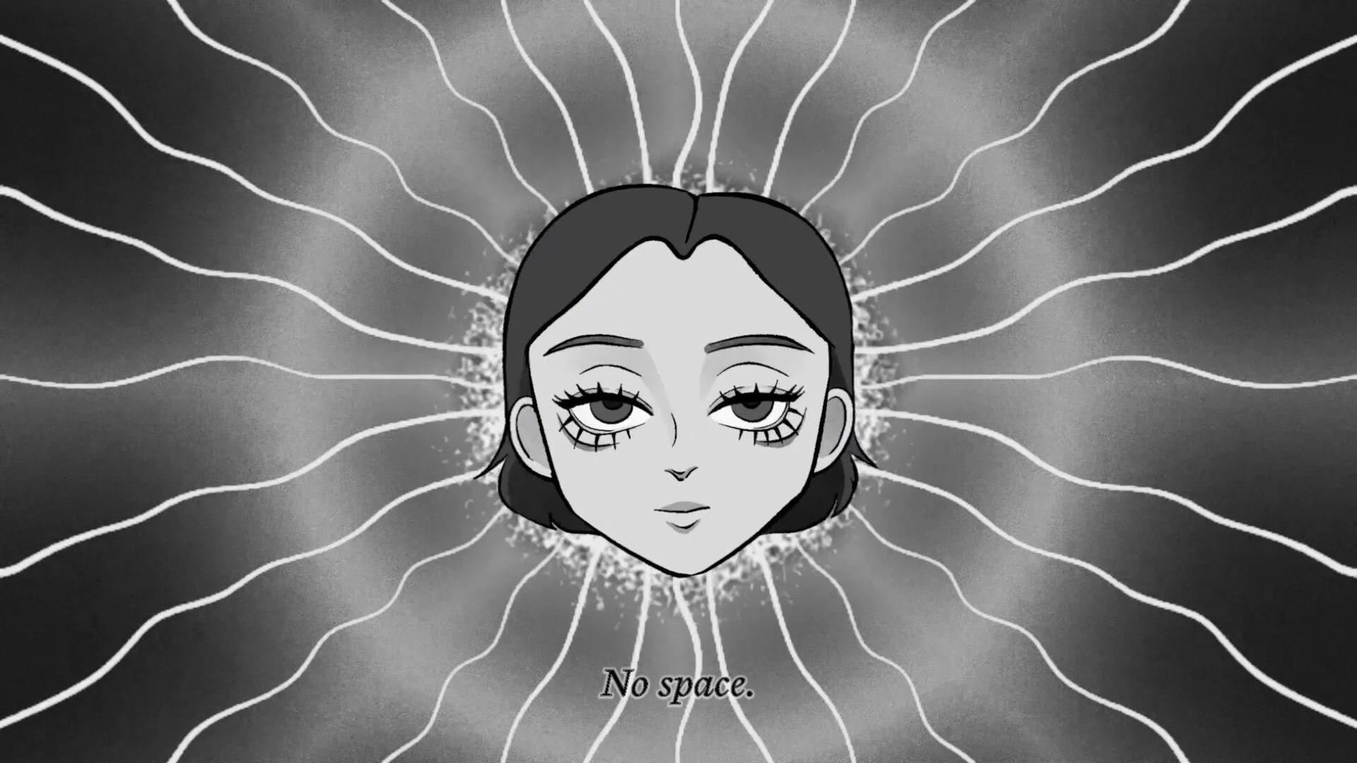 A black and white animated illustration of a woman's face with long eyelashes and shoulder-length hair, surrounded by radiating lines. The text on the image says 'No space.'