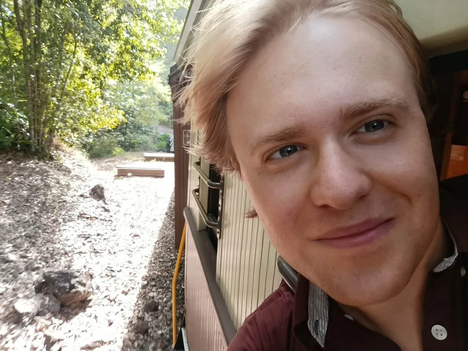 A young man with light reddish hair and blue eyes taking a selfie outdoors in front of a forested area with trees and rocks, partially inside a train or bus.