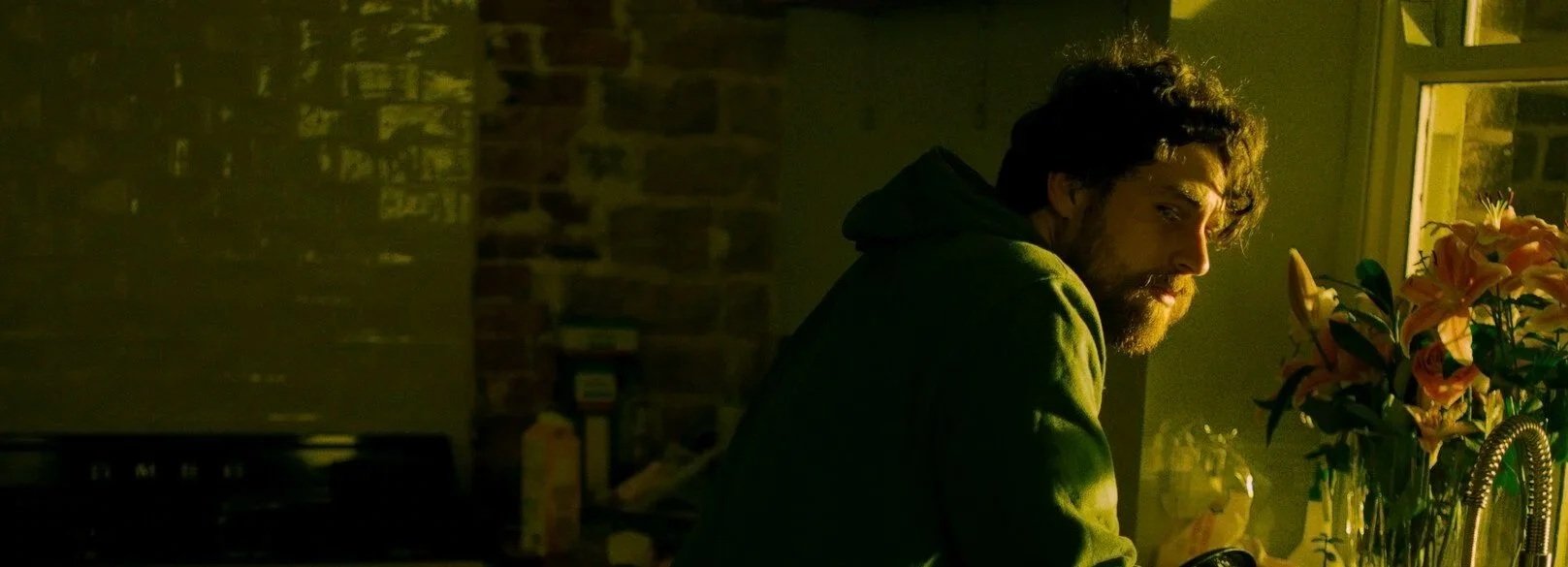 A man with curly hair and a beard sitting in a dimly lit room near a window with flowers.