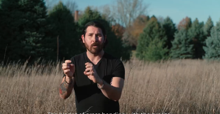 Man with a beard and tattoos on his arms standing outdoors in a field,  explaining something through sign language, with trees in the background.