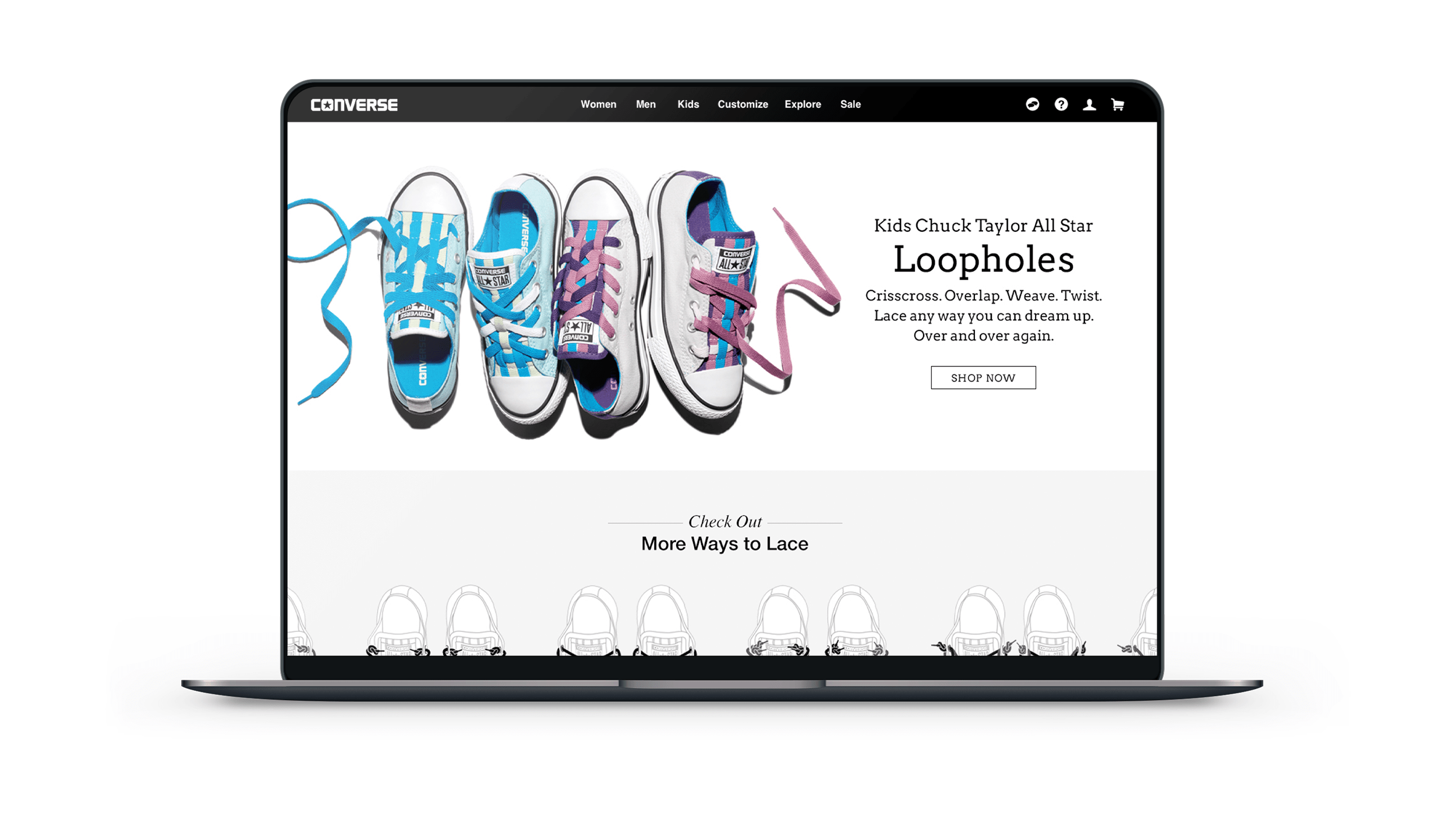 Converse Loopholes website homepage hero banner displayed on laptop computer screen