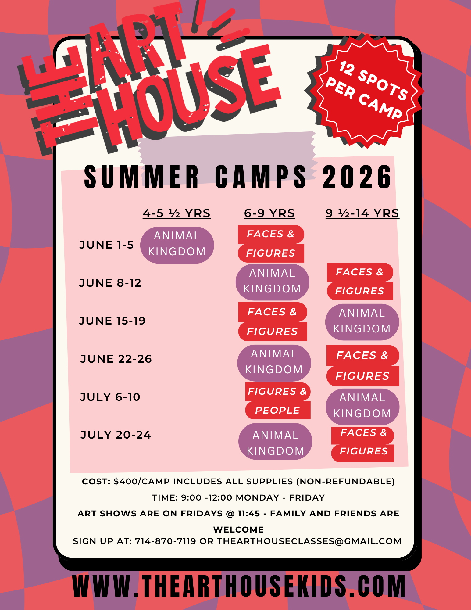 Summer camp schedule poster with age groups, dates, themes, and contact information for The Art House Kids, featuring a colorful background.