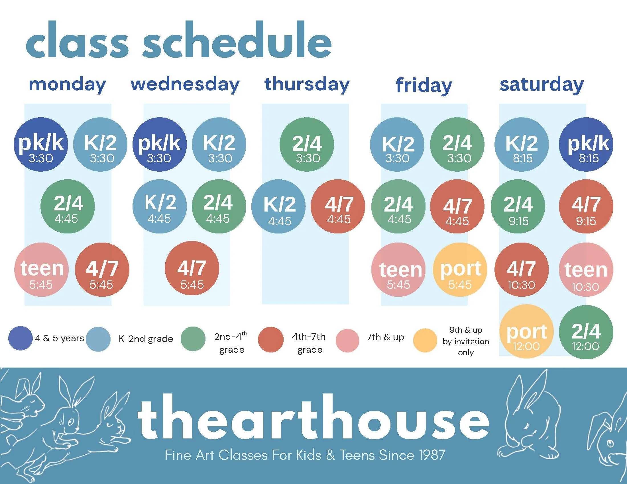Weekly class schedule for The Earthhouse art classes for kids and teens, displaying days, times, and age groups from Monday to Saturday with color-coded categories and illustrations of rabbits at the bottom.