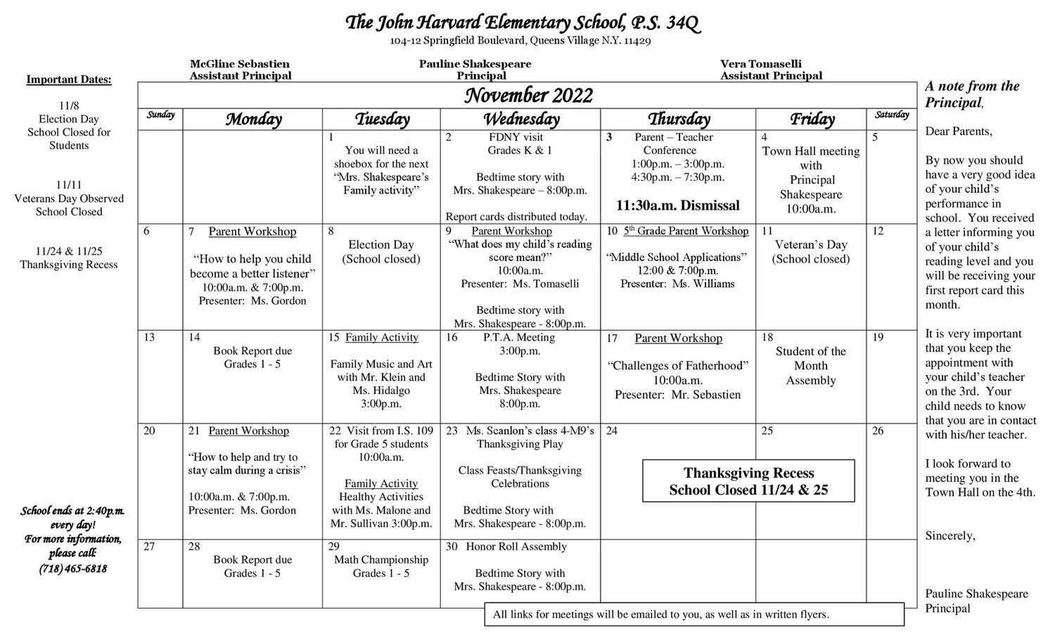 Past Calendar — P.S. 034 John Harvard