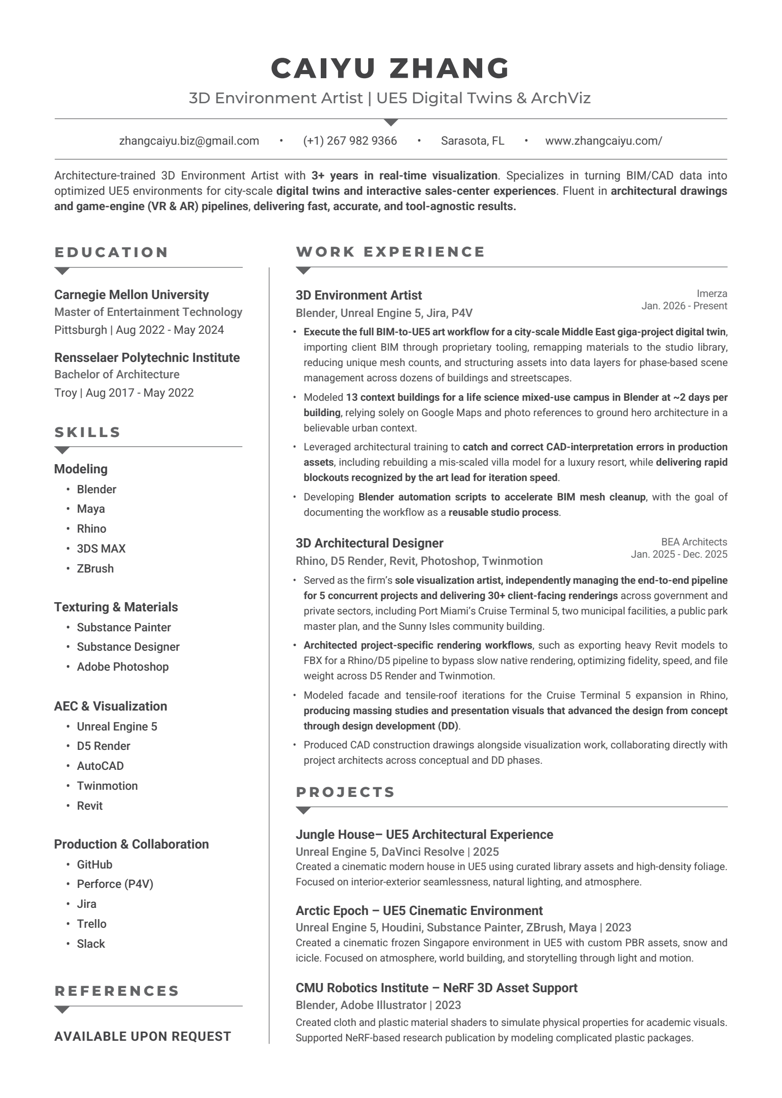 Caiyu Zhang — 2026 resume. 3D Environment Artist, UE5 Digital Twins and ArchViz. Open the PDF for selectable text.
