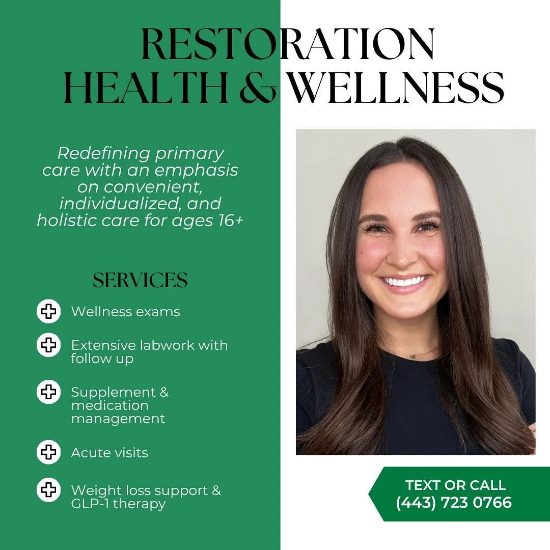 Now Open: Restoration Health and Wellness by Madison Jones (Hooper), CRNP
 
Redefining primary care with in-depth health intakes, comprehensive lab work, and customized wellness plans that go beyond the surface. 
I take the time to uncover root caus