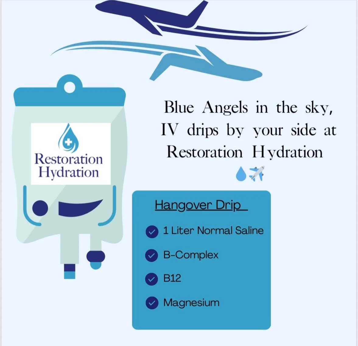 Nothing says Blue Angels week like sunshine, boat days, loud jets and a recovery IV @restorationhydration ☀️💧✈️ Stay ahead with a customizable drip to keep the vibes going all weekend long 🇺🇸 

 #BlueAngels #IVTherapy #HydrationRecovery