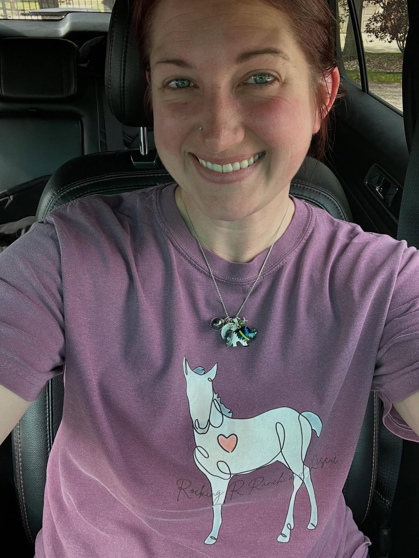 Representing @rockingrrescue today while helping horses rebalance and restore their vitality. The foal (Rocky) on the shirt was born with 3 legs, and he is thriving at the rescue! Check out his story! I believe they still have shirts for sale to help