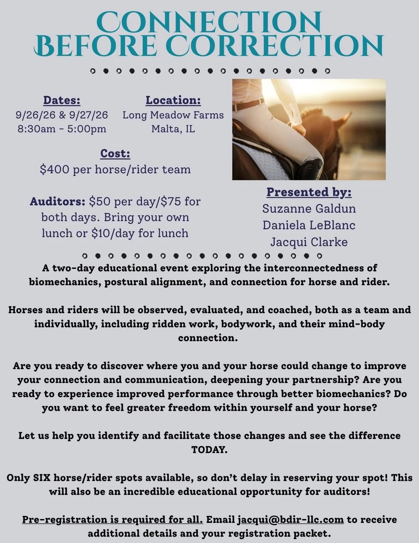 Mark your calendars!

I am SO EXCITED to announce that I will be part of a new clinic series, Connection Before Correction. Our inaugural event will be 9/26 and 9/27.

Partnering with @positivelydressage and @daniela.leblanc , this two-day educationa