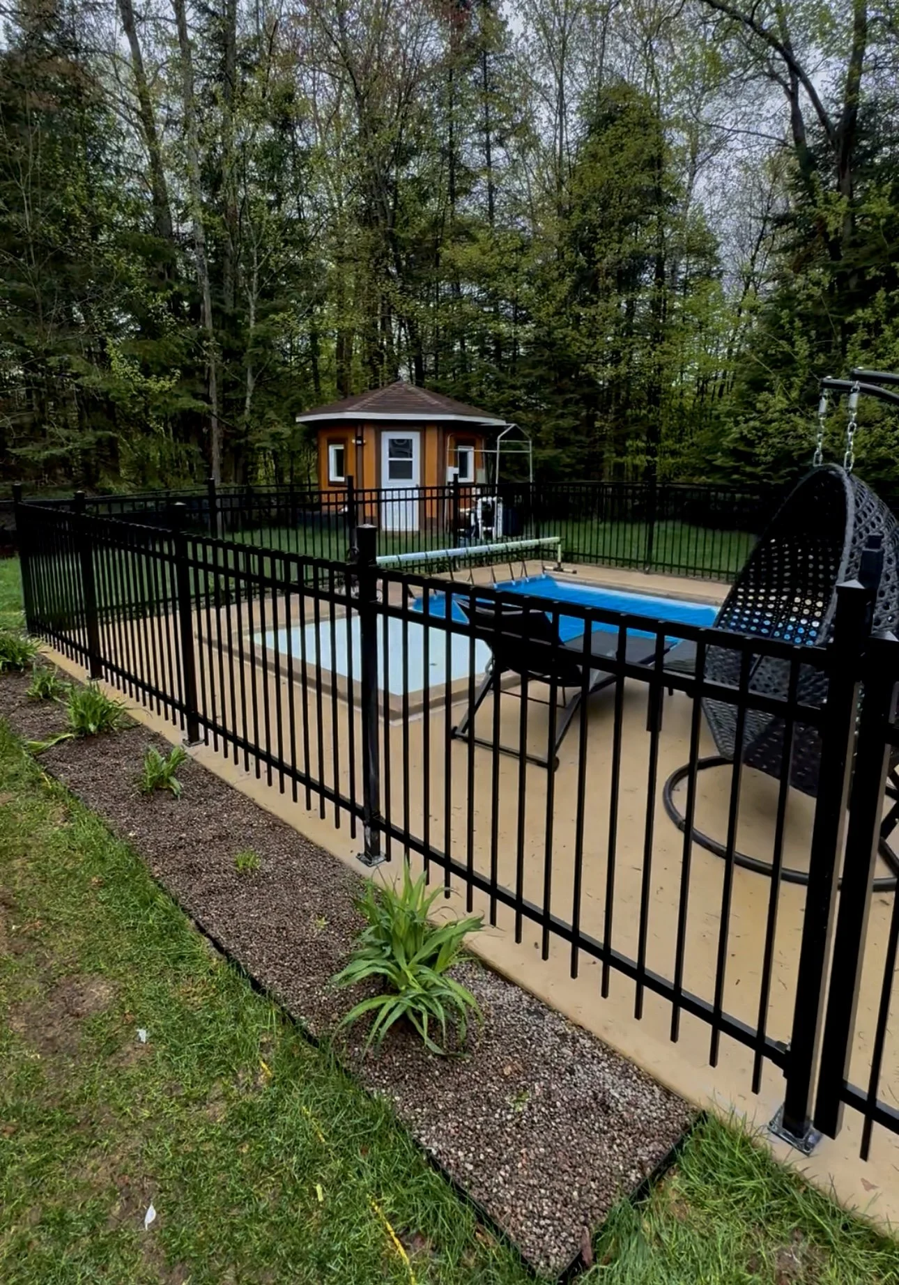 Piscine dans un jardin entourée d'une clôture noire, avec un cabanon en bois à l'arrière, une balançoire suspendue et un fauteuil suspendu, entourée d'arbres verts.