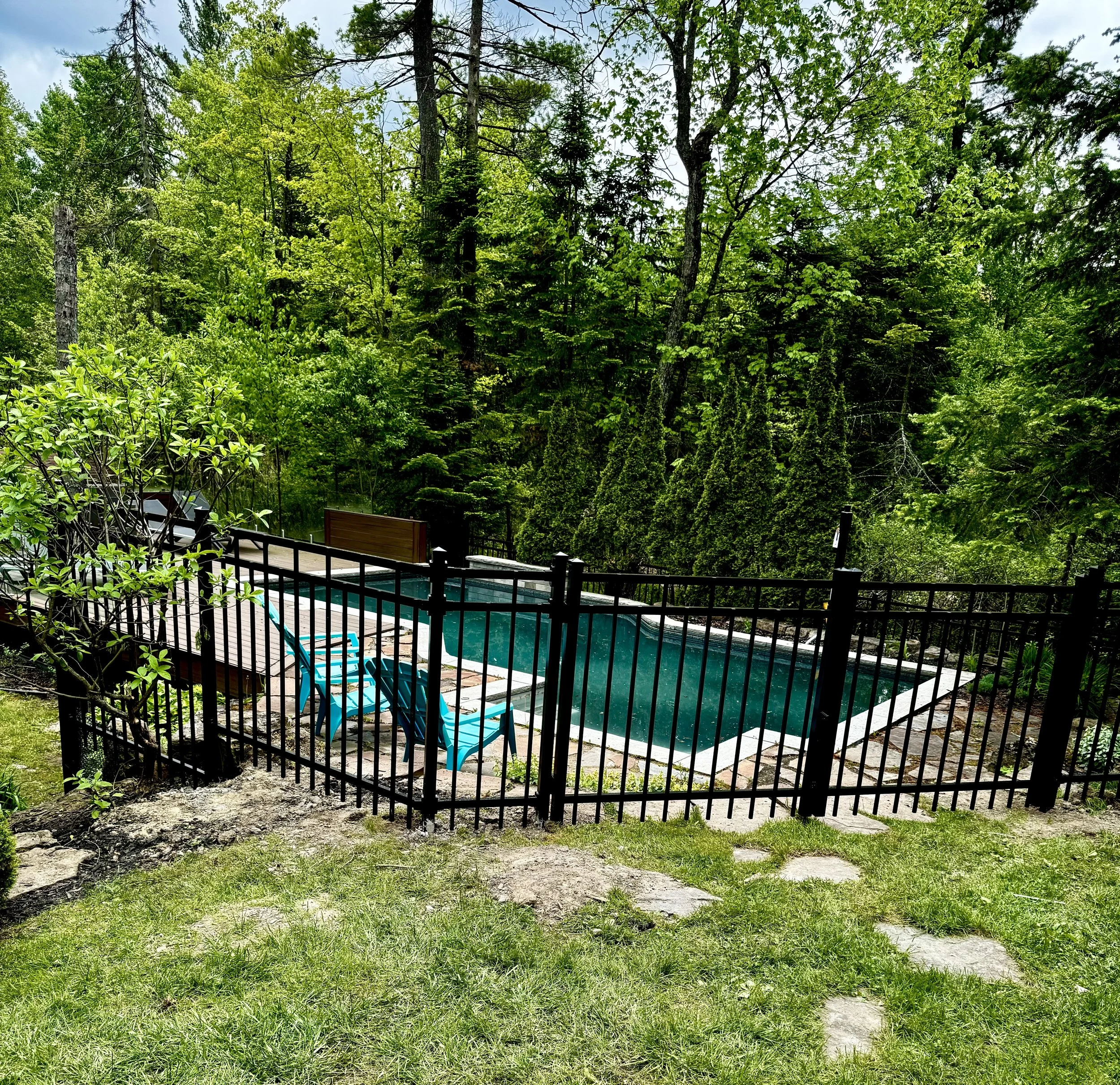 Piscine extérieure située dans un jardin entouré d'arbres verts, avec des chaises longues bleues et un parasol.