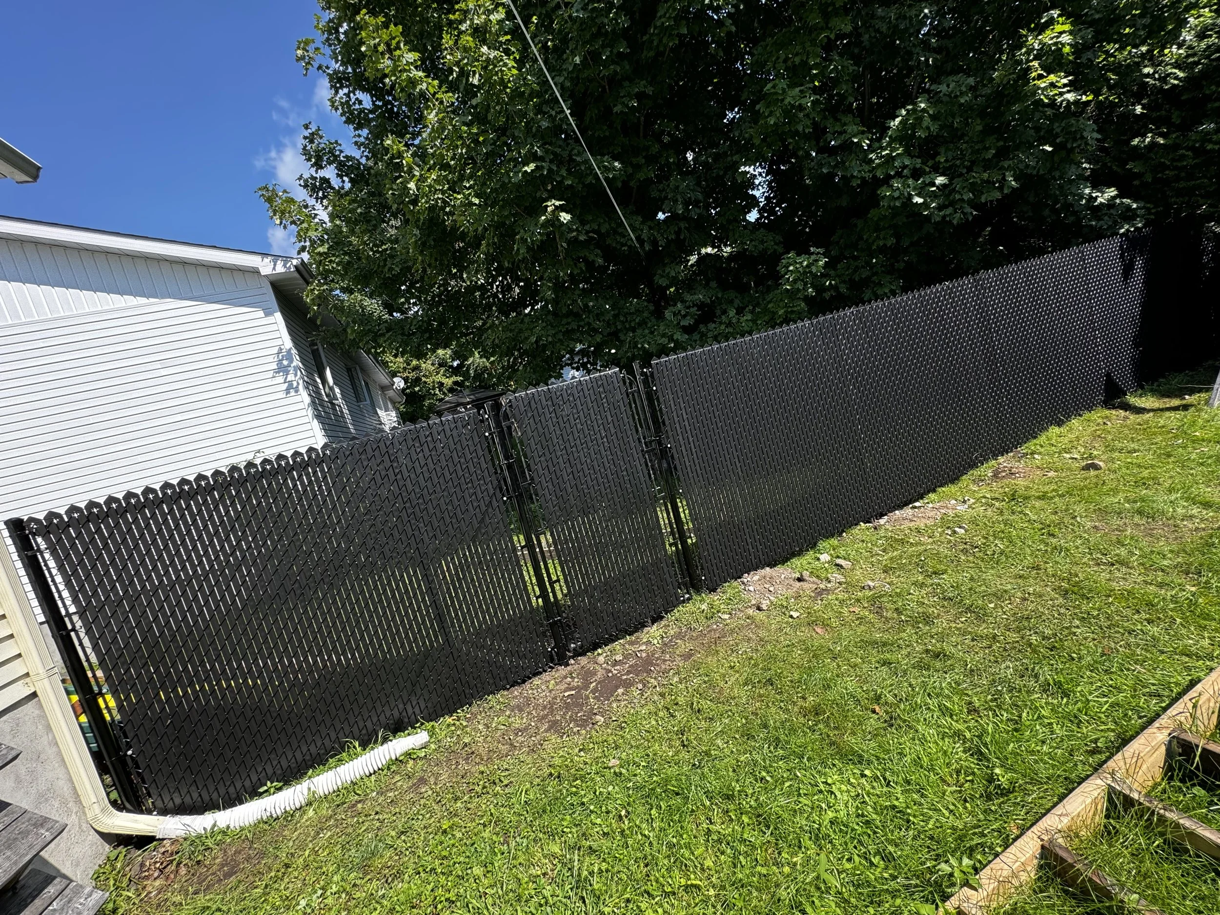 Clôture noire en métal sur un lawn vert, avec une maison blanche à gauche et un arbre en arrière-plan.