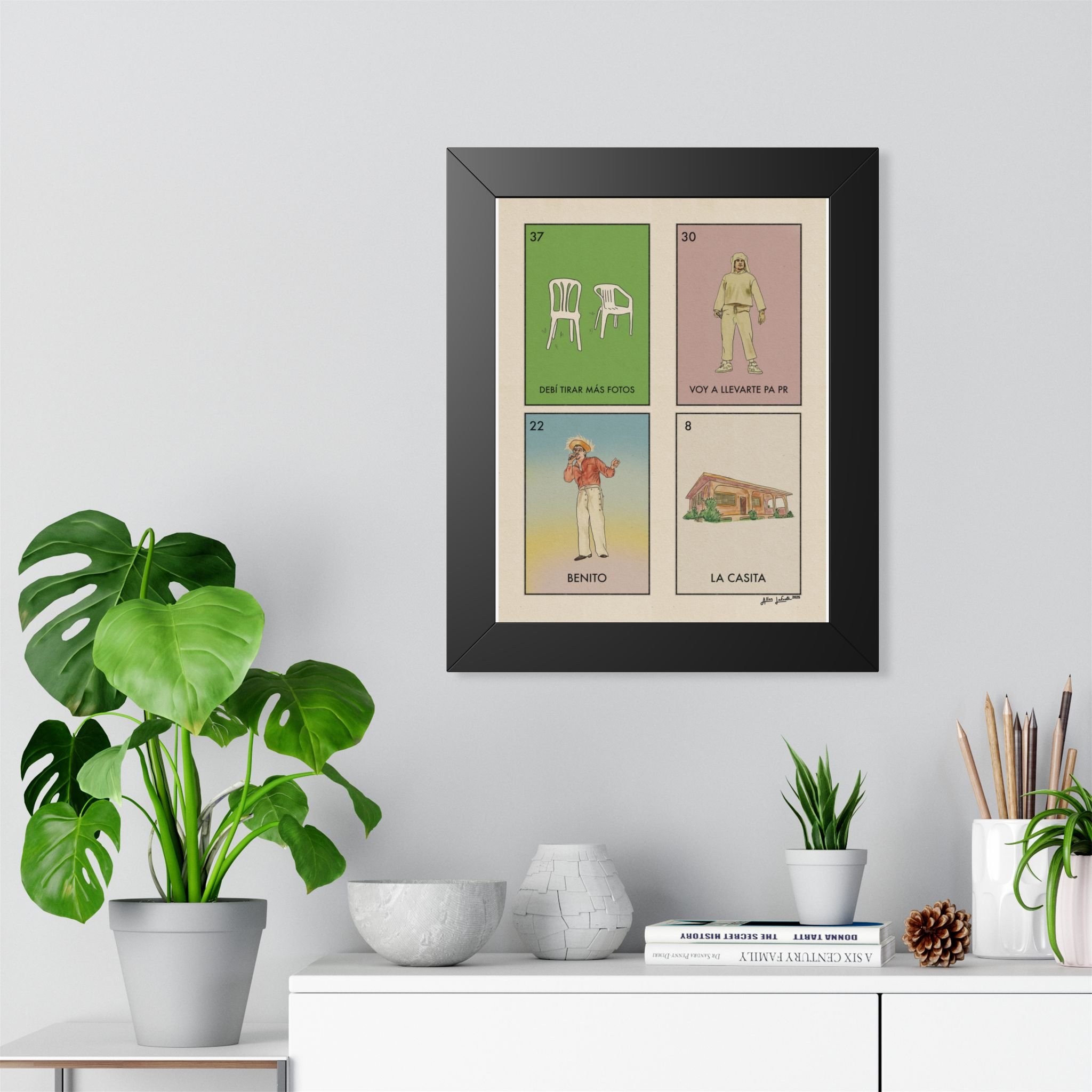 Bad Bunny loteria art print, Debi Tirar Mas Fotos album, original illustration by Allen Lafuente, Austin TX