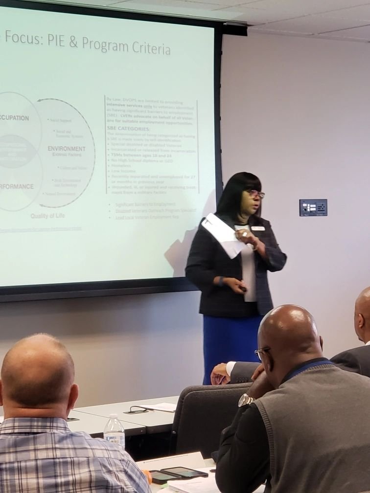 Dr. Boone-Thornton (2020) presenting Professional Writing and Casework, at the Virginia Employment Commission Veterans Workforce Program regional training conference TNCC Workforce Center, Williamsburg, VA.