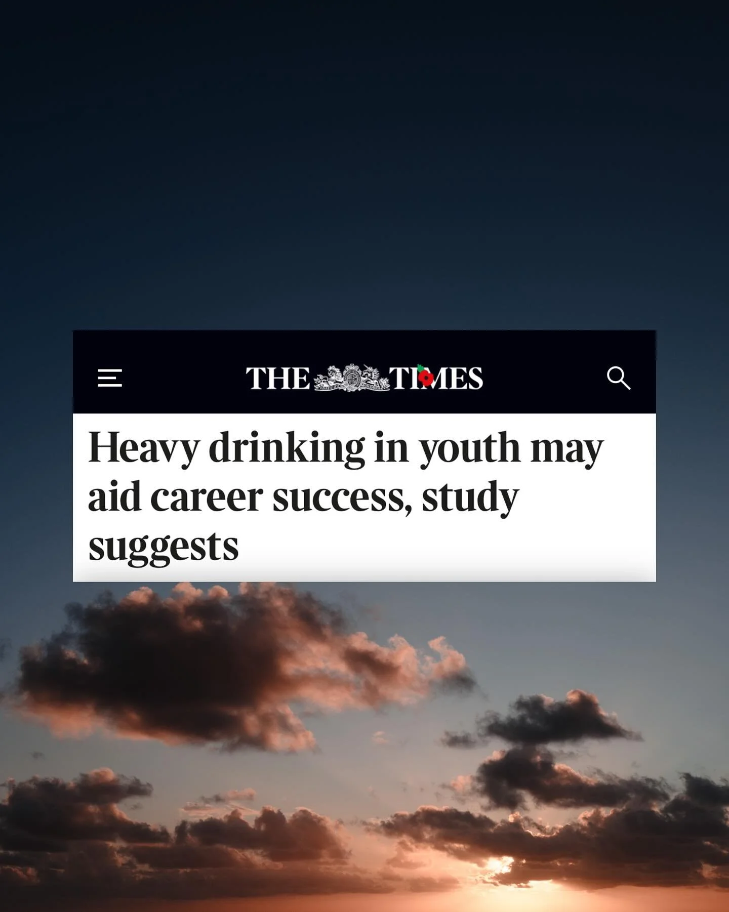 A recent study found a link between partying and later education &amp; income levels.

But there&rsquo;s no evidence that alcohol itself drives career success.

Drinking is a personal choice, and heavy drinking can impact our brain development &amp; 