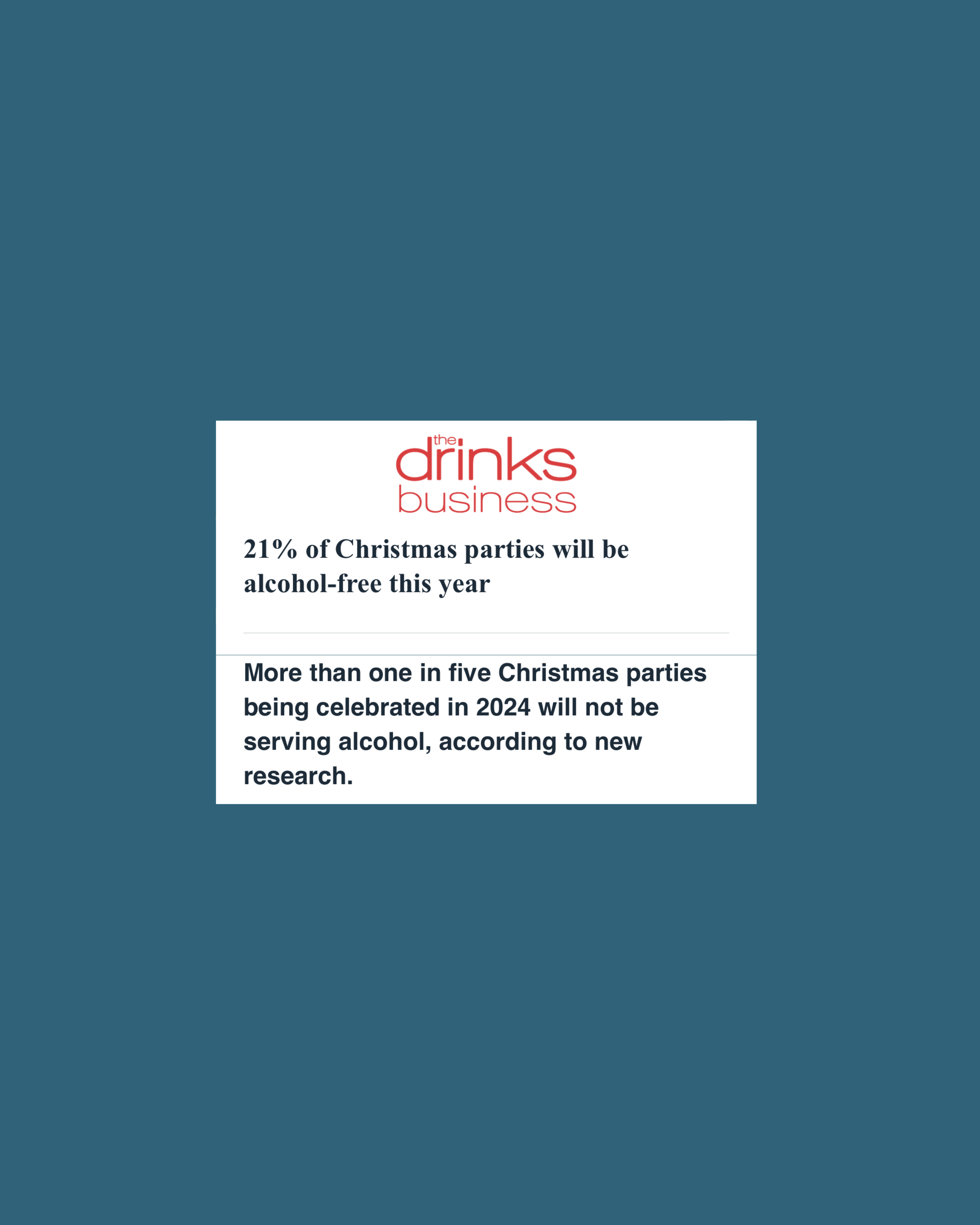 Infographic from drinks business about Christmas parties and alcohol consumption, stating that 21% of parties will be alcohol-free and over one in five parties will not serve alcohol in 2024.