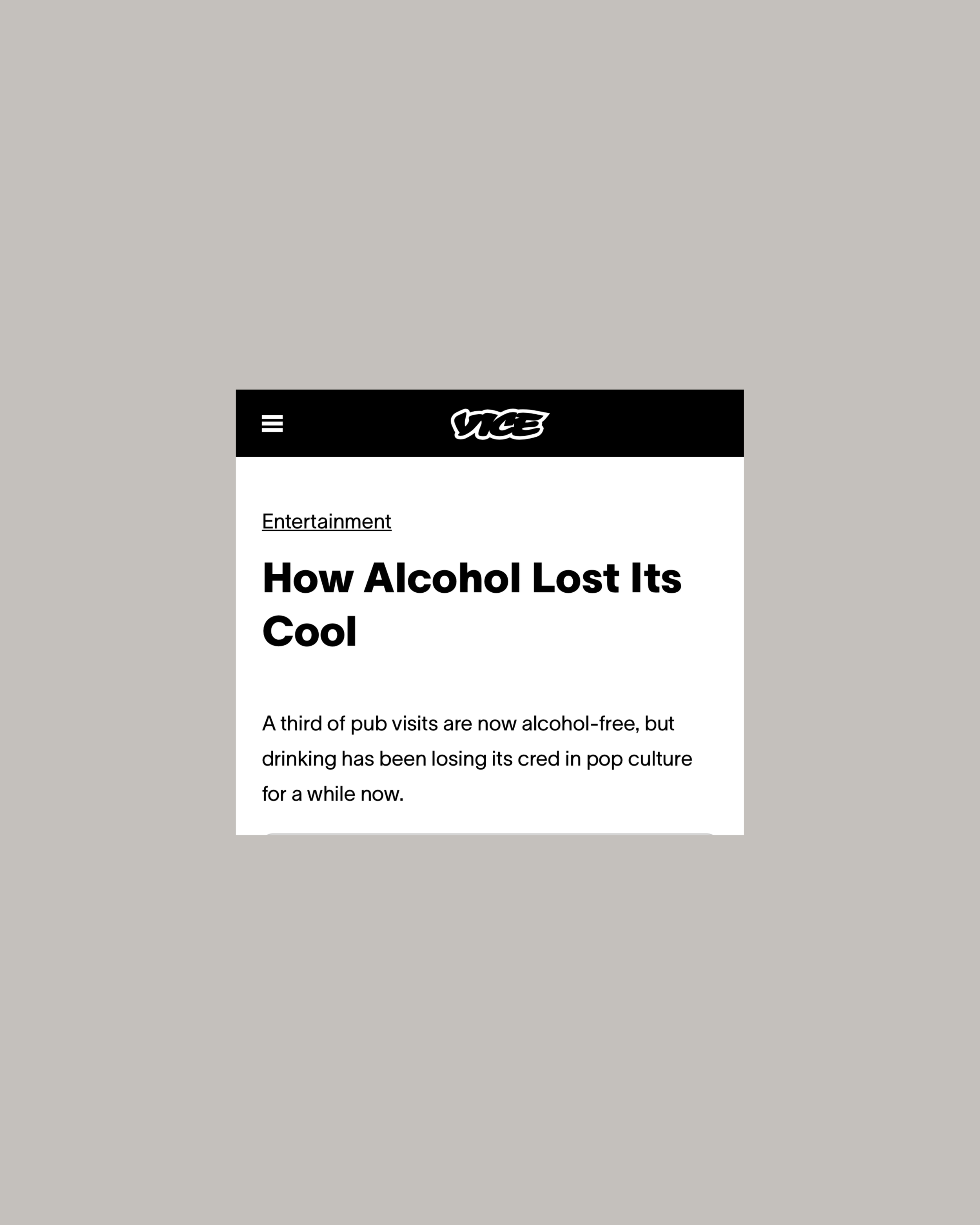 Screenshot of an article webpage on Vice titled "How Alcohol Lost Its Cool" about the decline of drinking in pop culture, with a black header and white background.