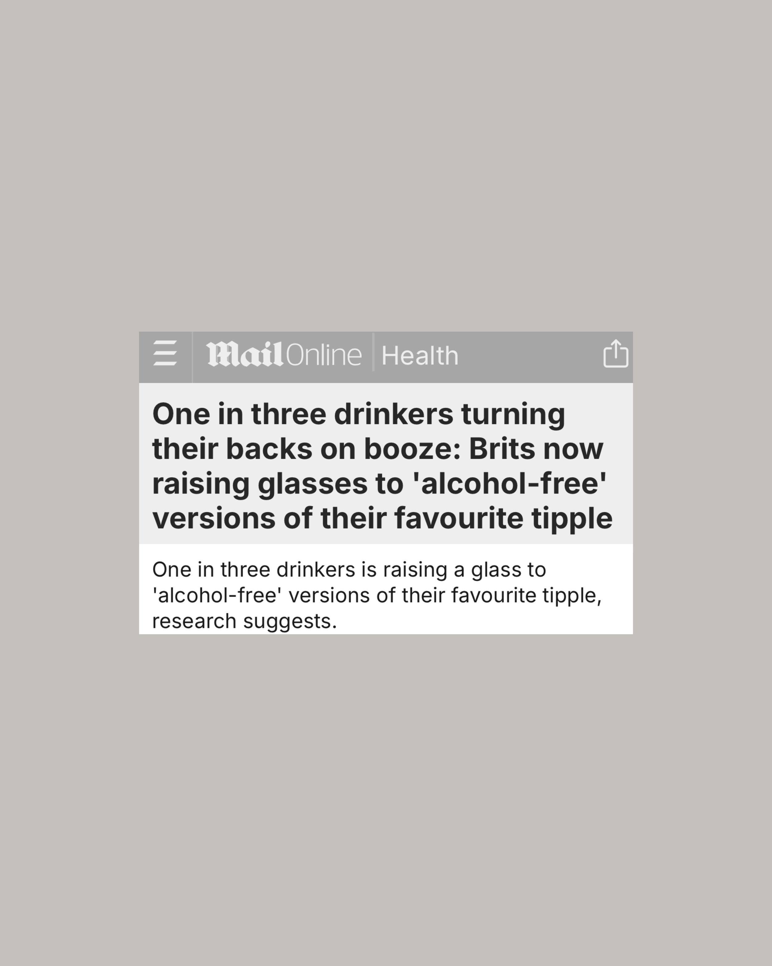 Screenshot of a news article from Mail Online about Brits raising glasses to alcohol-free versions of their favorite tipple.
