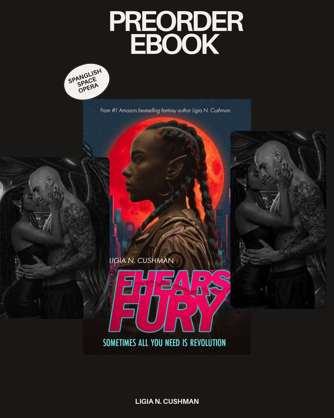 Fhear&rsquo;s Fury is a dark enemies-to-lovers, dystopian, Spanglish space opera&mdash;

Bad Bunny energy, but make it burn the system.

Three years ago, Fhear was a scientist.

Una prometida.

Una pendeja.

The man she loved slaughtered her family,
