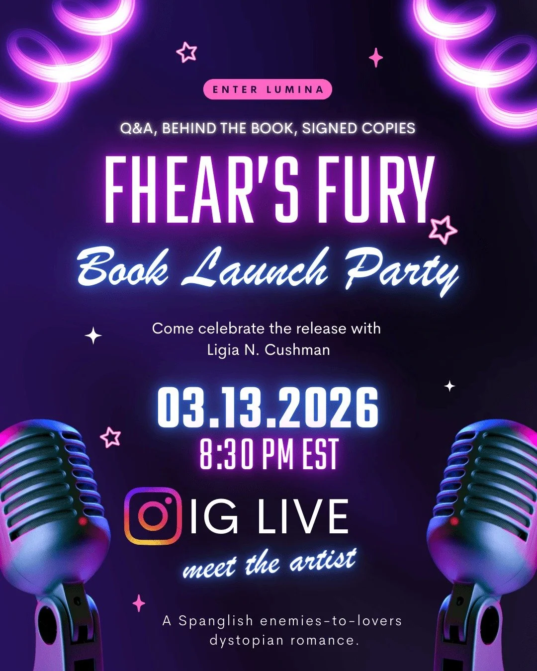 Lumina is finally open.

After two years of writing, chaos, rebellion, and secrets&hellip;
FHEAR&rsquo;S FURY is here.

So tonight we celebrate together.

I&rsquo;m going LIVE on Instagram at 8:30 PM EST to talk about:
🔥 the world of Lumina
🔥 the e