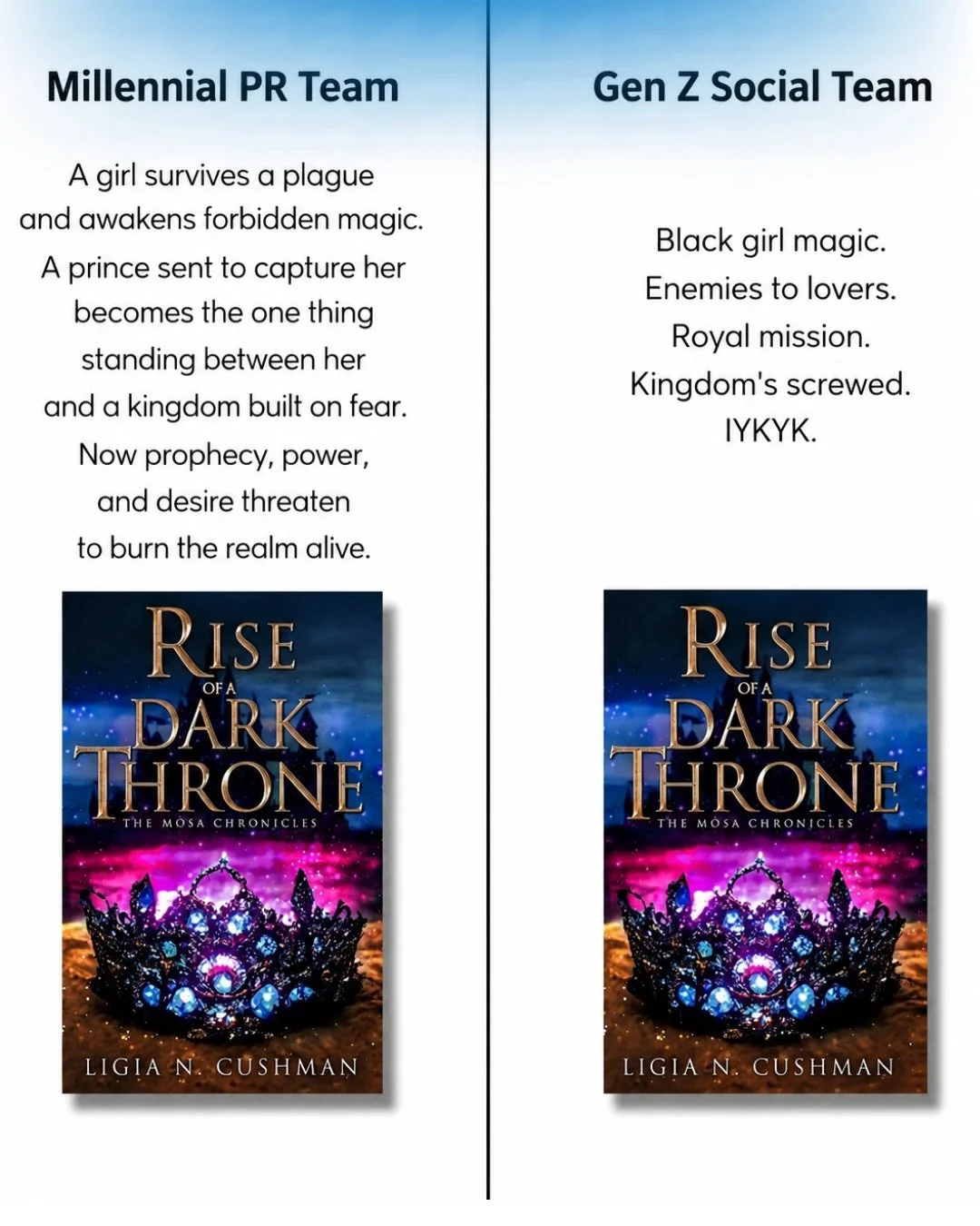 I had to do it! 😆😆😆

The Mōsa Chronicles invites you to the fantastical world of Transea, where people are trying to survive the Darkness&mdash;a deadly plague. As magick awakens, warriors collide, and enemies ignite, this series tells a story of 