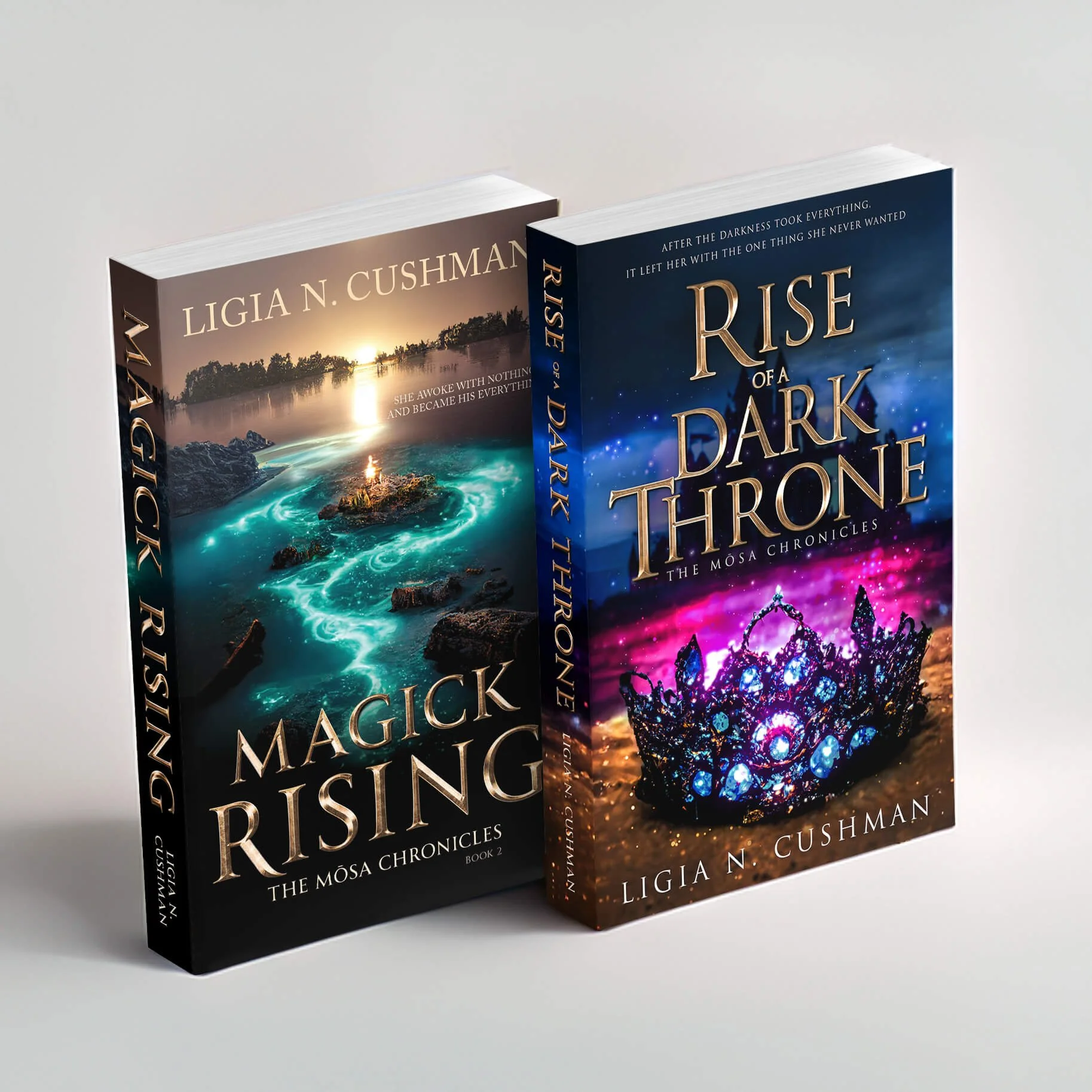 The Duet of Destiny Bundle featuring signed softcover editions of Rise of a Dark Throne and Magick Rising by Ligia N. Cushman