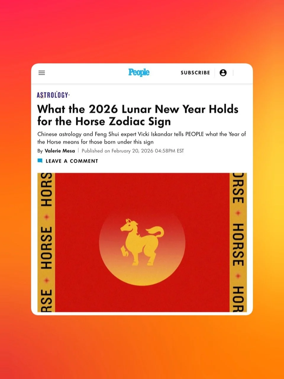 So happy to see my insights on the Fire Horse year for each sign at People.com! Thanks so much @valeriemesa for this wonderful collaboration! Links to the articles are in my 2026 Fire Horse highlights. Or go to People.com 🔥🐎

#yearofthehorse #chine