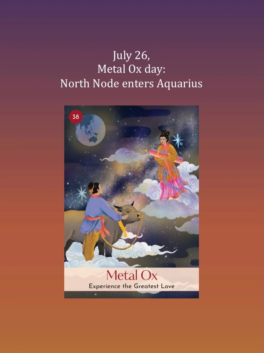 July 26, Metal Ox day: so much going on today with the lunar nodes moving into the Aquarius/Leo axis, Saturn stationing retrograde, the Sun lighting up the Barbault Basket, and the Ox opposing the Sheep in the month on this Destruction day in the Chi