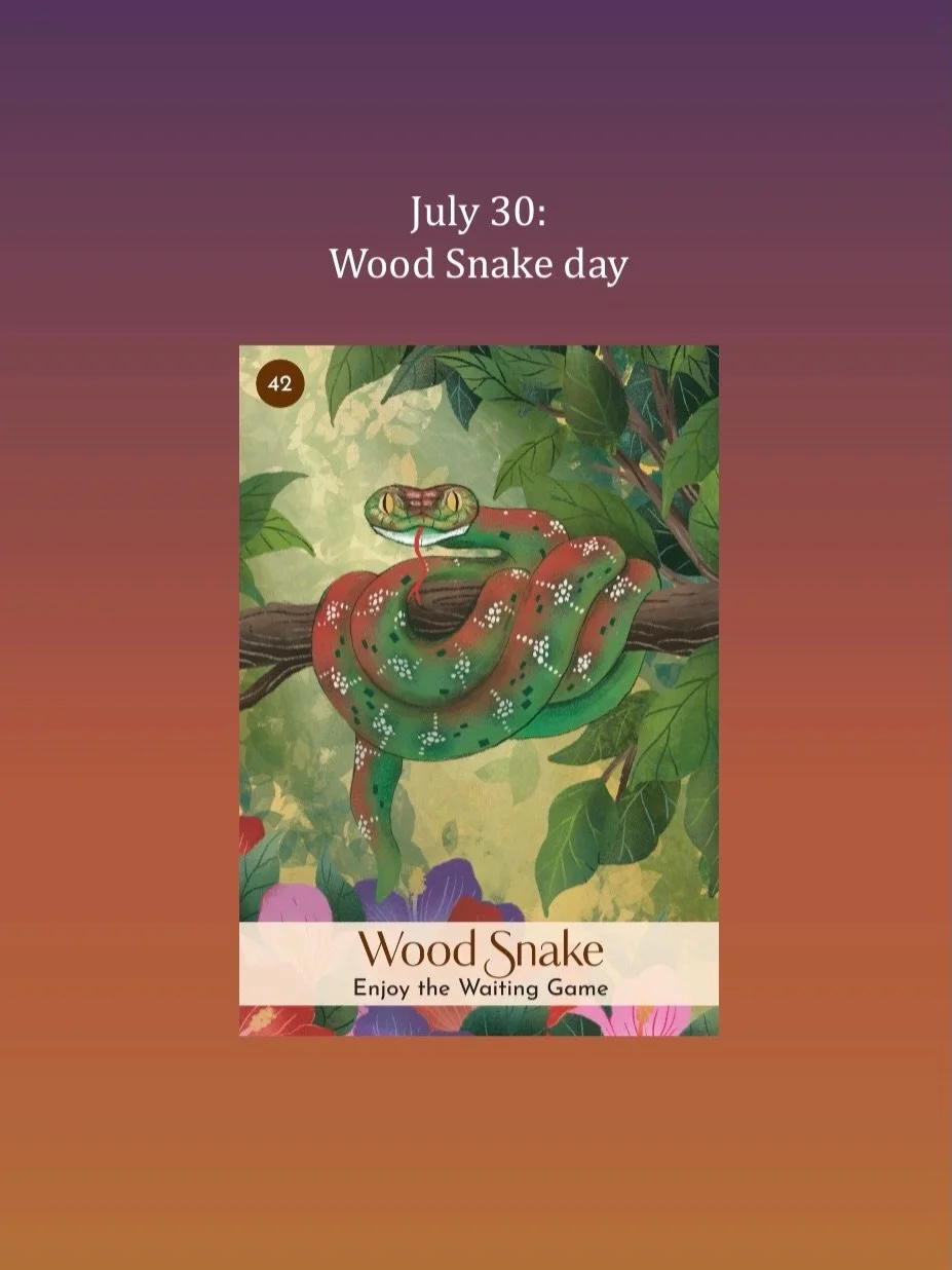 July 30, Wood Snake day:  it&rsquo;s a vibrant Open day in the Chinese calendar. Take action in the early part of the day before the Moon turns void at 2:27pm PT.

*Videos will be back soon!