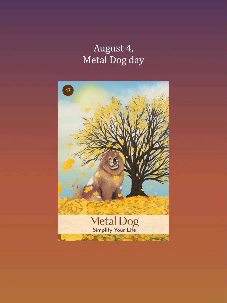 August 4, Metal Dog day: Yang Earth in the Dog together with Yin Earth in the Sheep in the month may bring heaviness especially if you have a lot of Metal or Earth in your chart. We may be holding on to what no longer serves. Let go to create spaciou