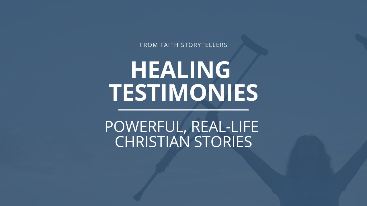 A woman holds up crutches and faces the sky, praising God for healing. The text reads "From Faith Storytellers. Healing Testimonies: Powerful, real-life Christian stories"