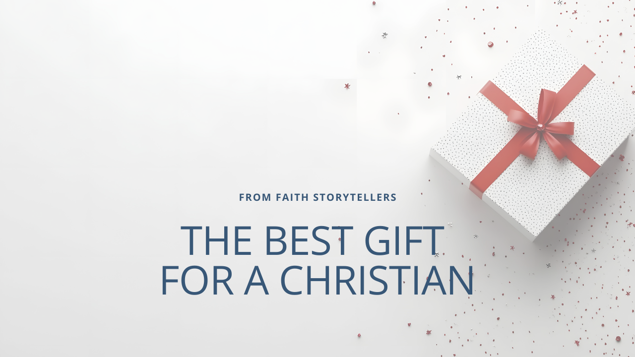 Festive white gift box with red ribbon on sparkling holiday background with text "From Faith Storytellers the best gift for a Christian" – ideal best gift for Christian loved ones..