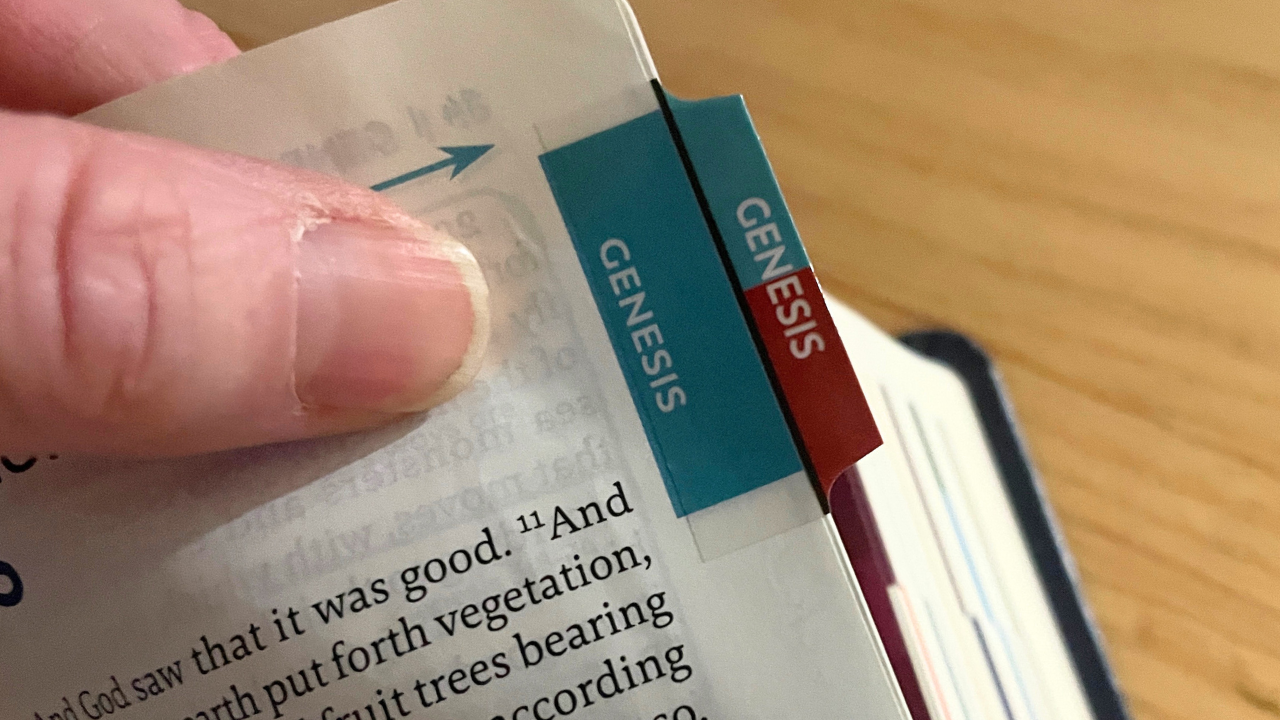 The Bible Tab is now adhered to one page of the Bible.