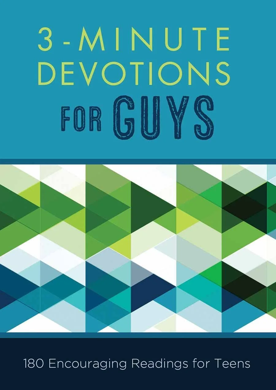 Book cover for "3-Minute Devotions for Guys” by April Frazier and Glenn"  is on our list of great devotionals for teen guys. It has 3-minute devotions for busy teens and is great for developing a regular habit of prayer and reflection.