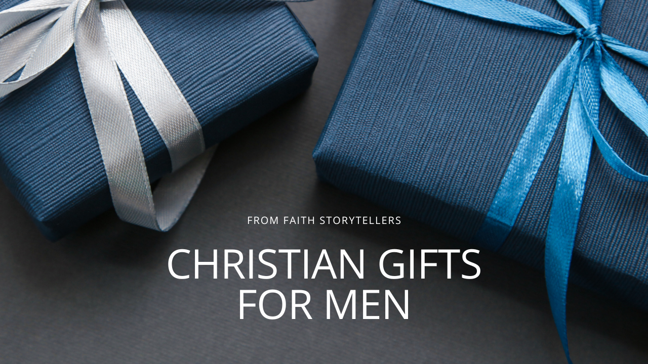 Close-up of two blue and silver wrapped gift boxes with the text "Christian Gifts for Men" on the bottom.