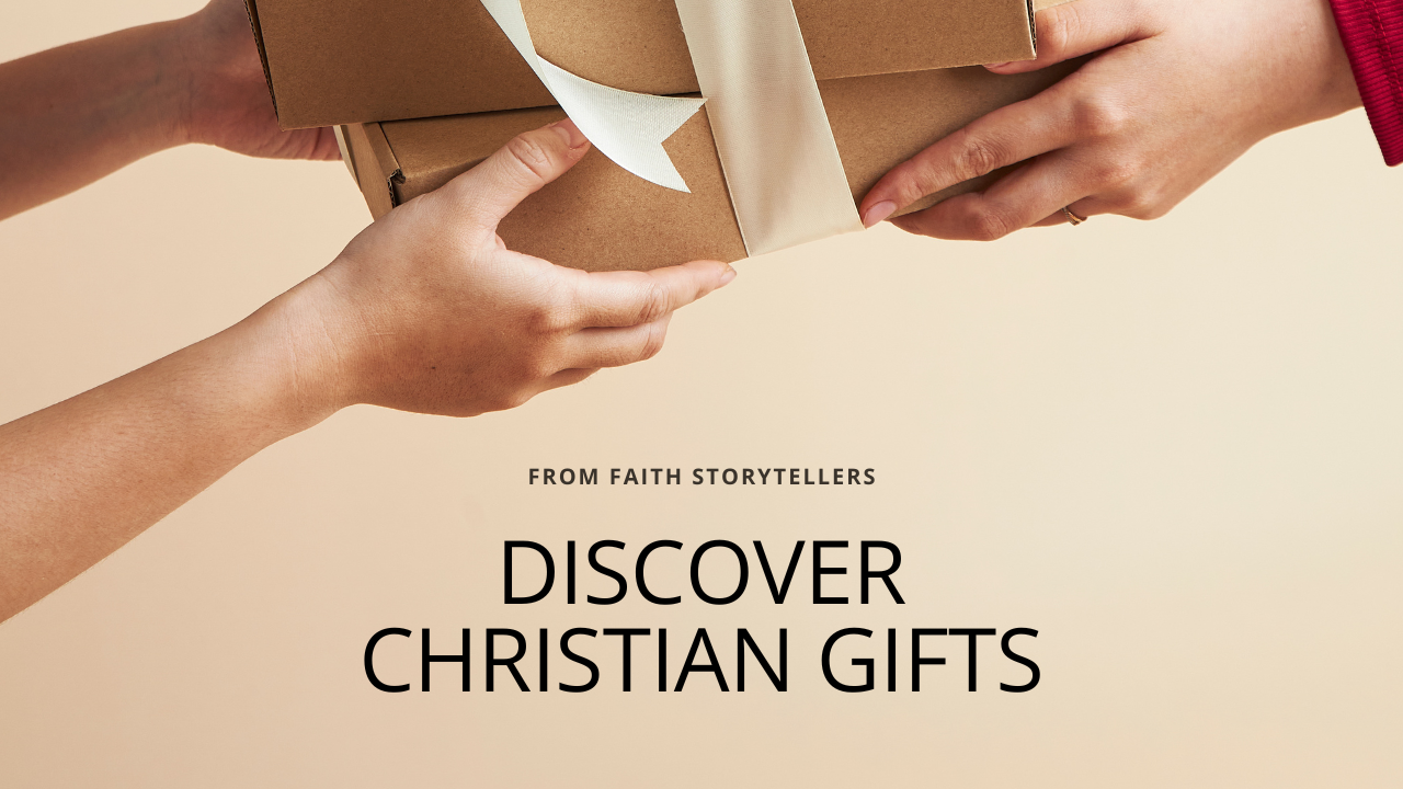 An older child hands a present to an older relative. The text says "Discover Christian gifts"