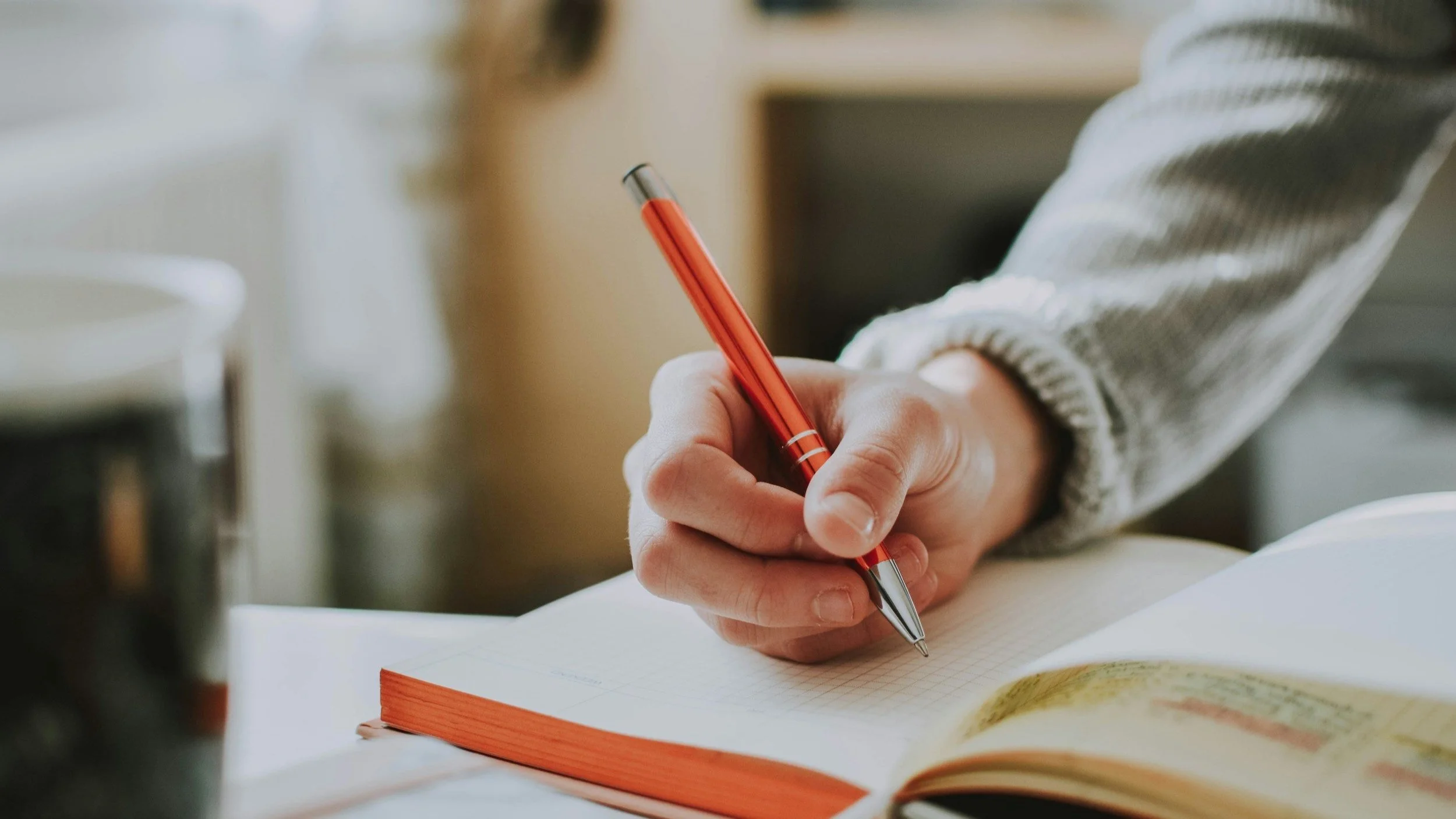 A woman writes in a journal.