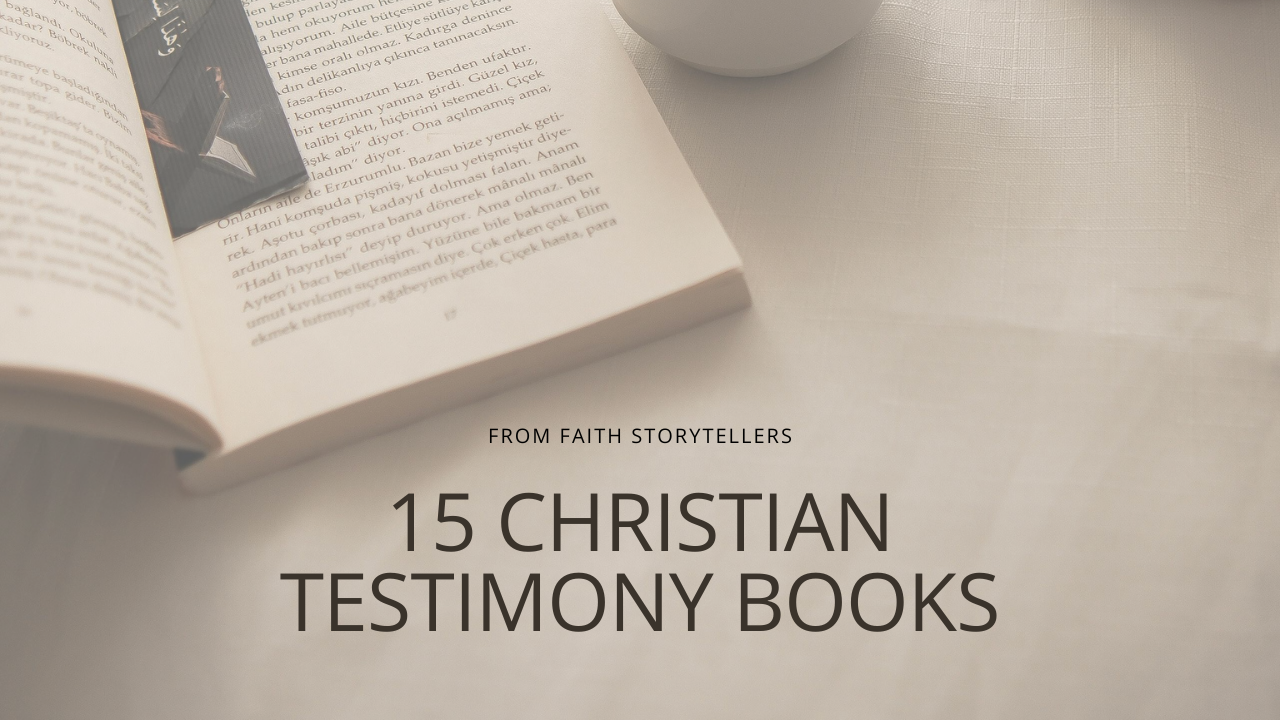 Open Christian testimony book with Turkish text, bookmark inserted, beside a coffee cup; overlaid text: "FROM FAITH STORYTELLERS 15 CHRISTIAN TESTIMONY BOOKS"
