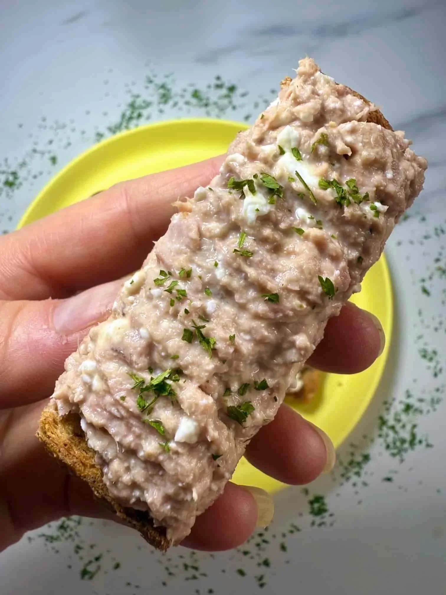 A close up image of a single toast finger spread with tuna and cottage cheese topping and garnished with parsley