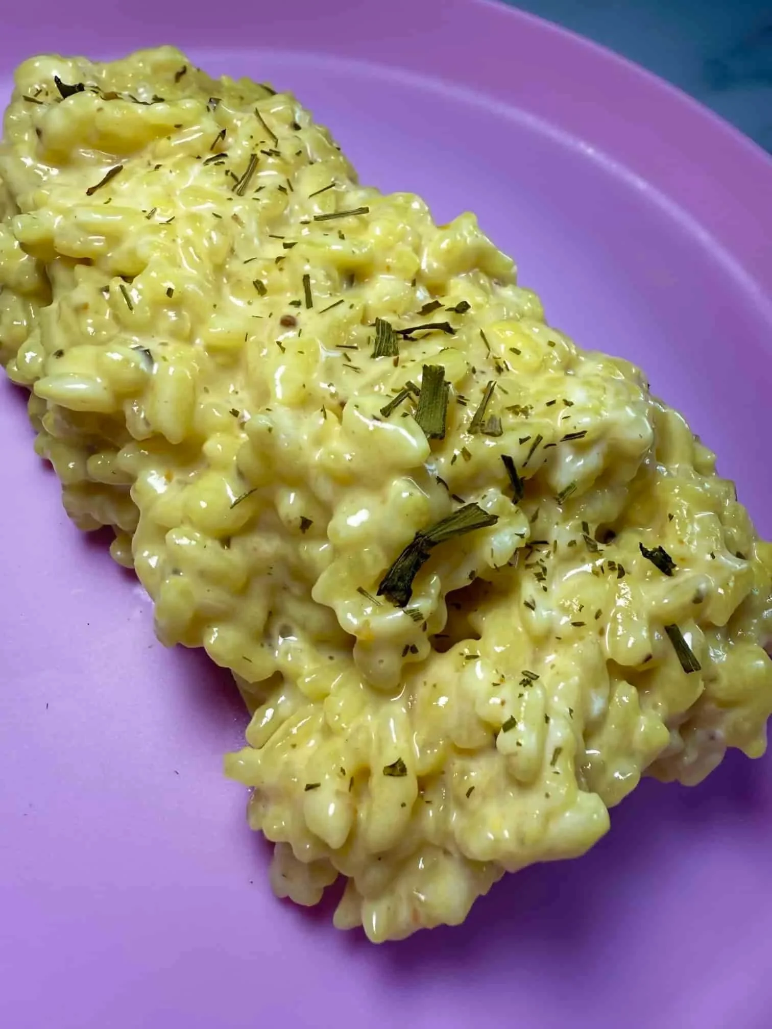A cooked portion of risotto in a creamy sauce sprinkled with dried chives and served on a toddler plate