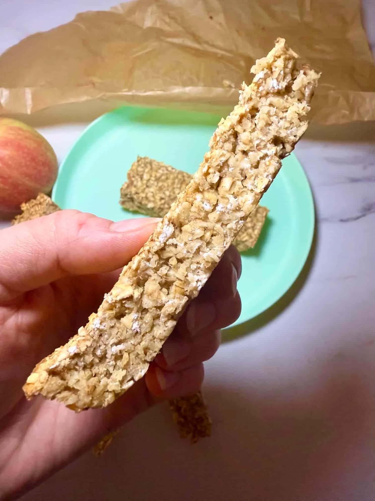 A close up image of an applesauce oatmeal bar