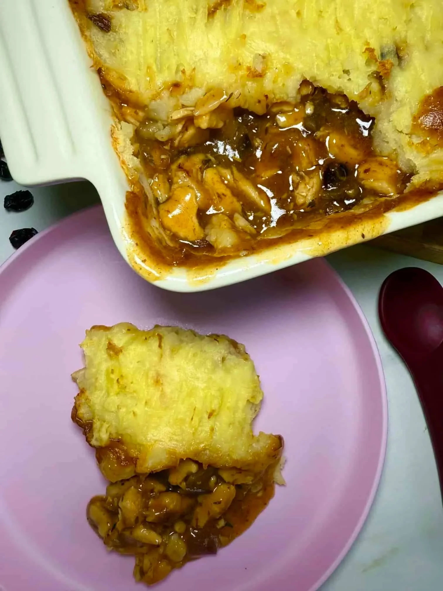 A serving dish of turkey cottage pie made with Christmas leftovers for babies and toddlers