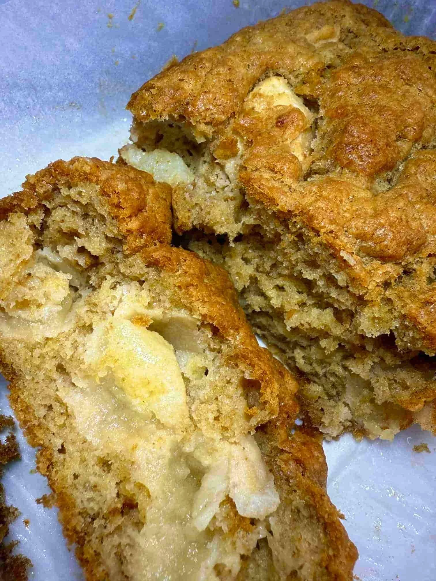 Baked apple gingerbread cake, cut and served on toddler plate
