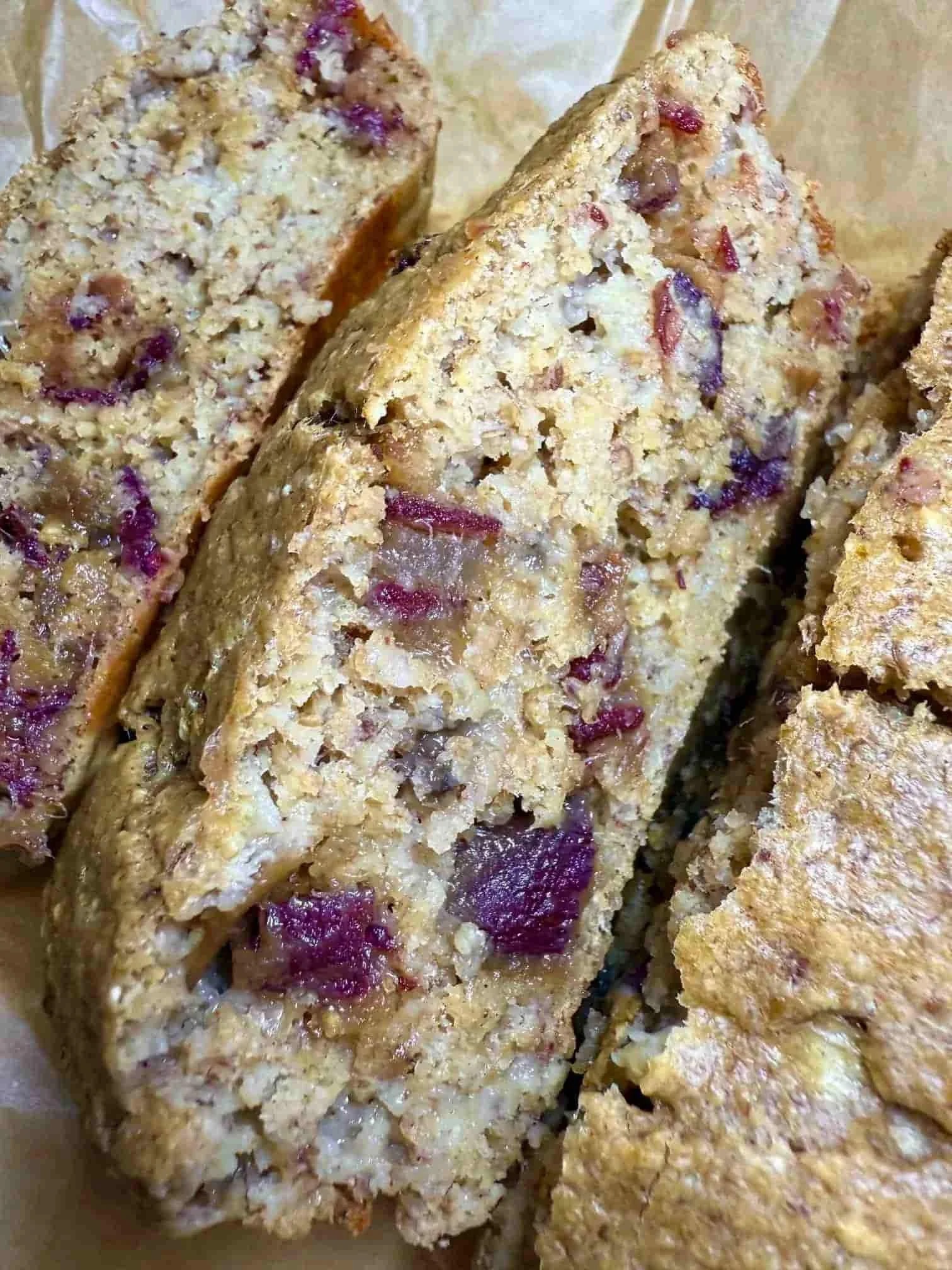 Close up image of slices of cooked date and banana loaf