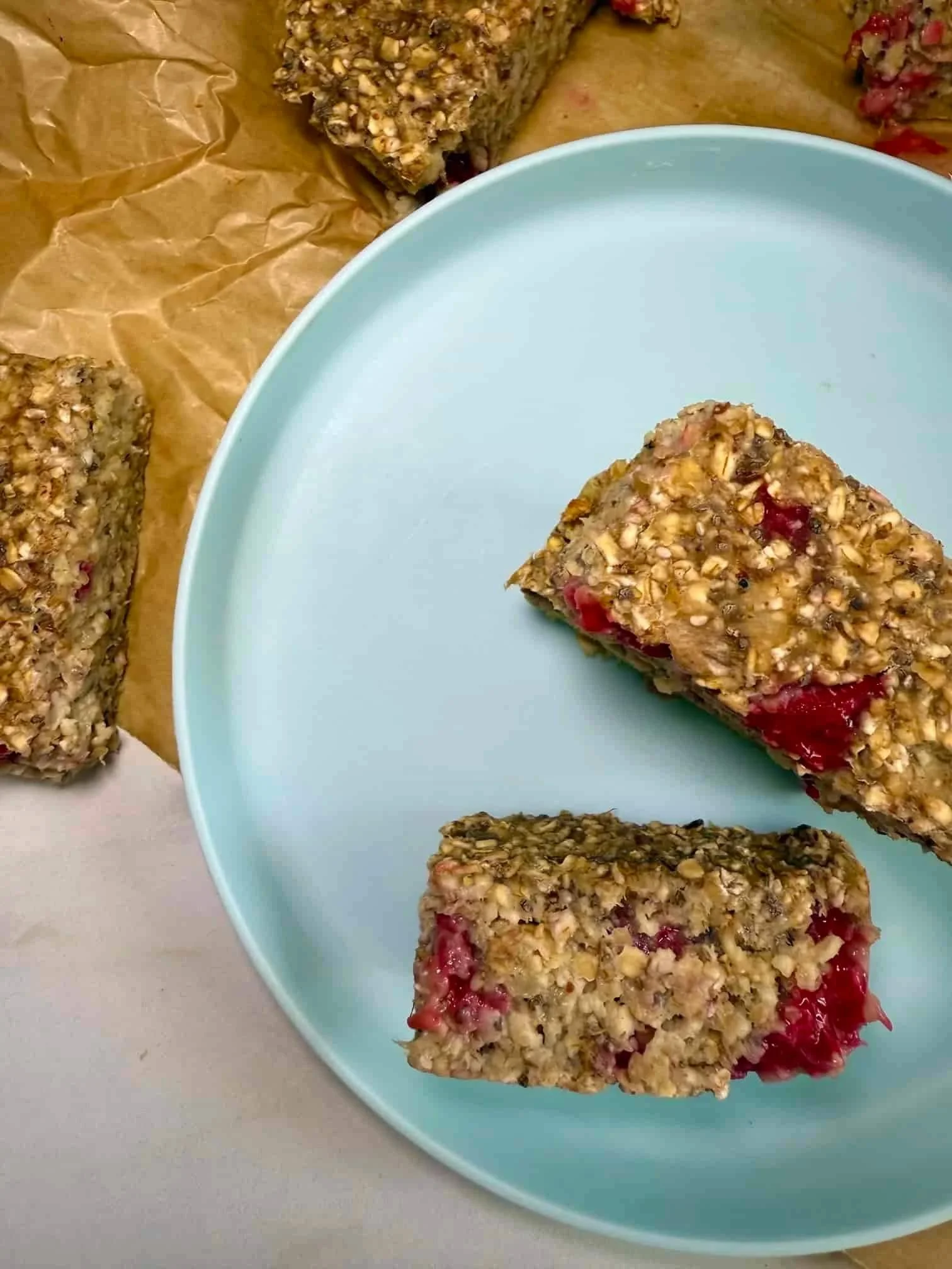 Two porridge finger bars served on a toddler plate