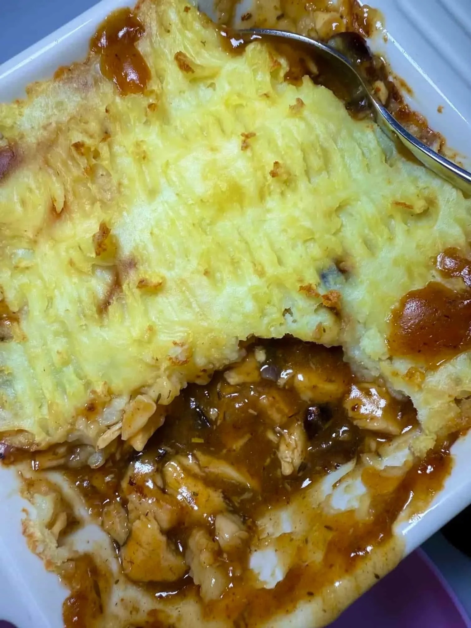 Leftover turkey cottage pie in serving dish made with Christmas leftovers for babies and toddlers