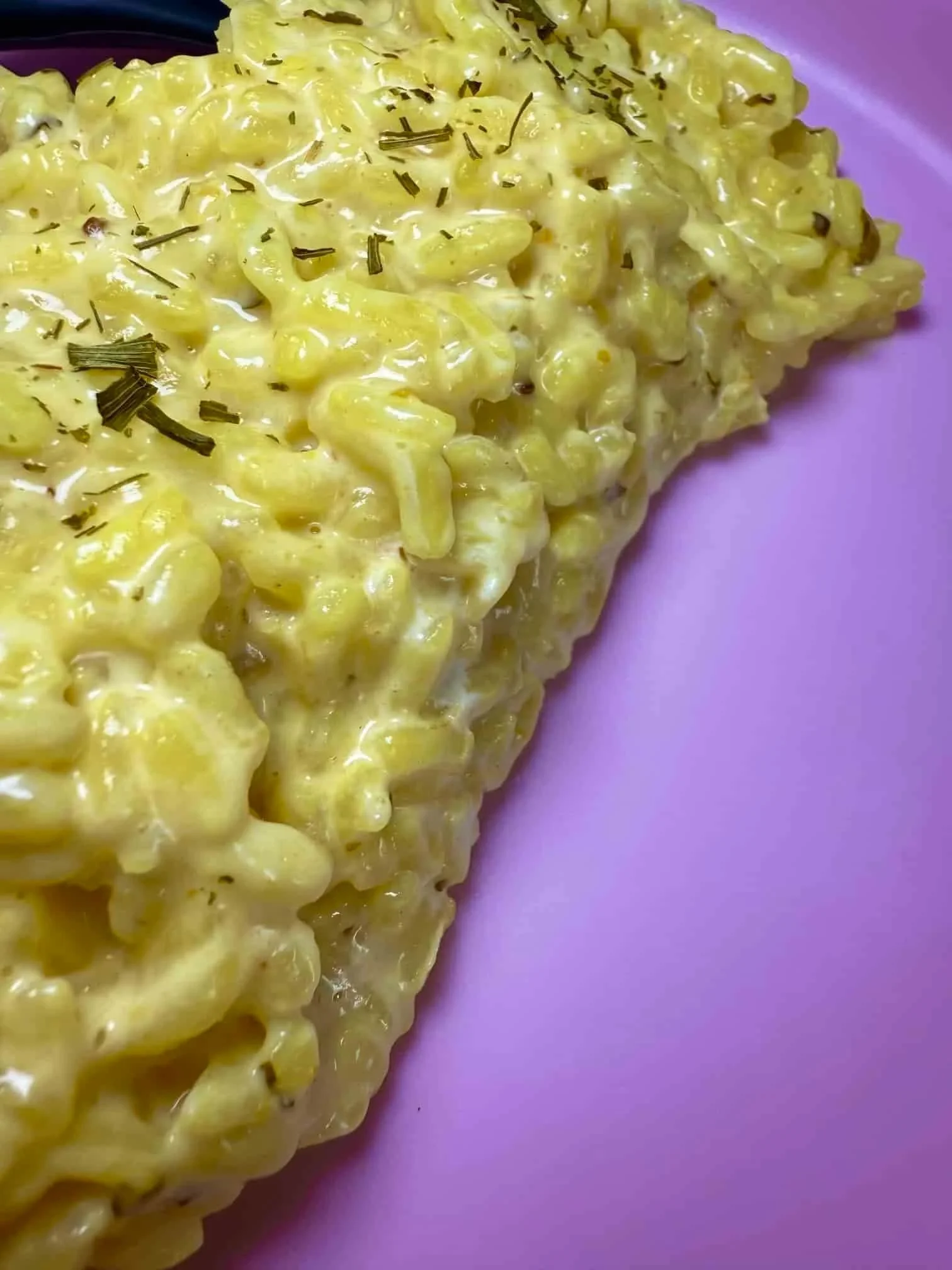 A cooked portion of risotto in a creamy sauce sprinkled with dried chives and served on a toddler plate